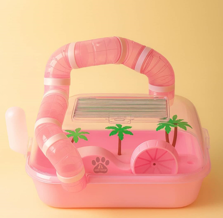 قفس همستر و خوکچه هندی مدل شهر بازی با تونل شفاف و چرخ بیصدا رنگ صورتی در پتشاپ هایپت شیراز