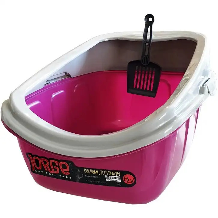 رنگ صورتی ظرف خاک گربه لبه دار جورج همراه با بیلچه | جلوگیری از ریختن خاک گربه | پت شاپ هایپت