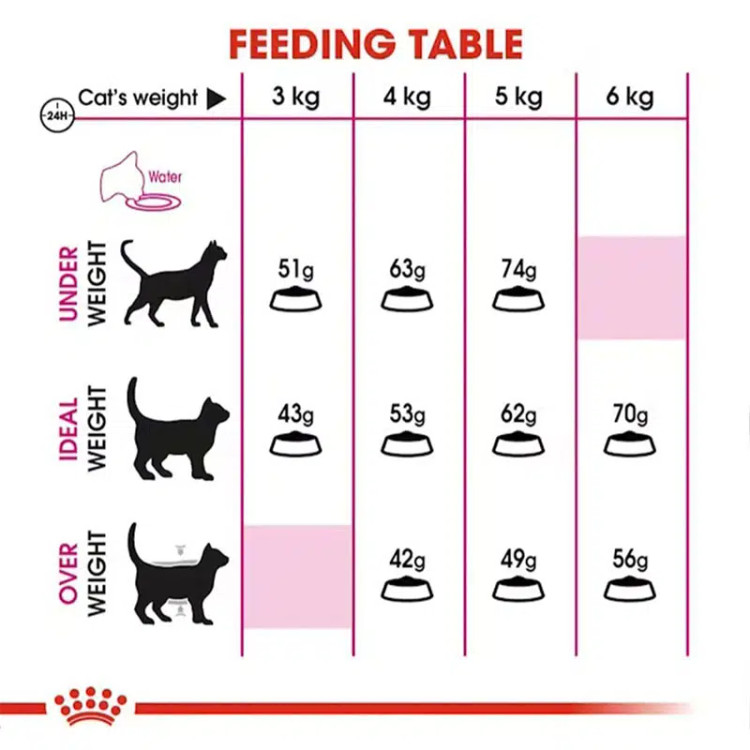 جدول میزان مصرف روزانه غذای گربه رویال کنین اگزیجنت _ royal canin feeding table