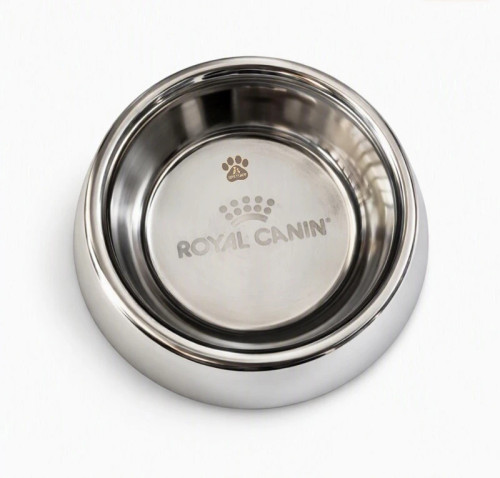 ظرف غذای استیل رویال کنین با لوگوی Royal Canin روی کف، مناسب گربه و سگ نژاد کوچک